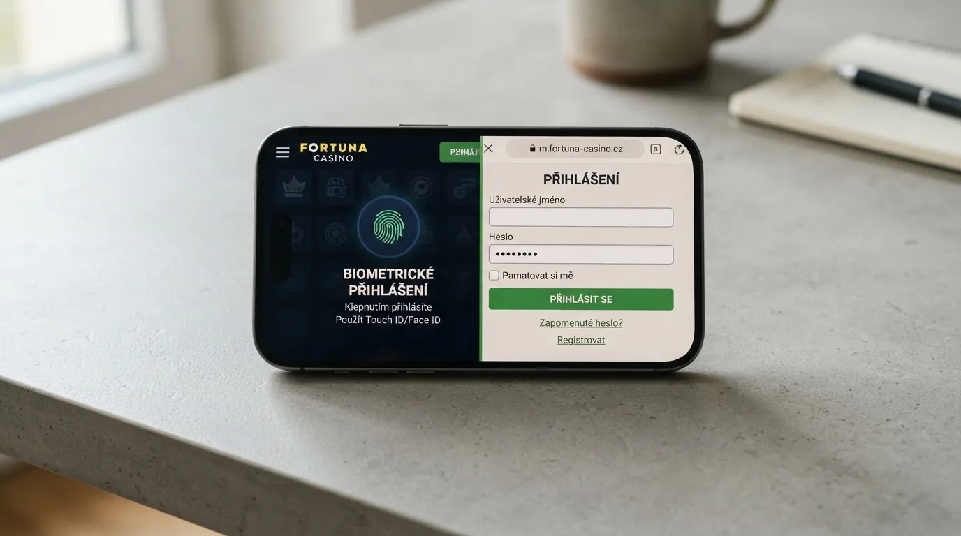 Rozdělená obrazovka telefonu: levá strana casino aplikace s ikonou otisku prstu pro biometrické přihlášení, pravá strana casino v prohlížeči s přihlašovacím formulářem