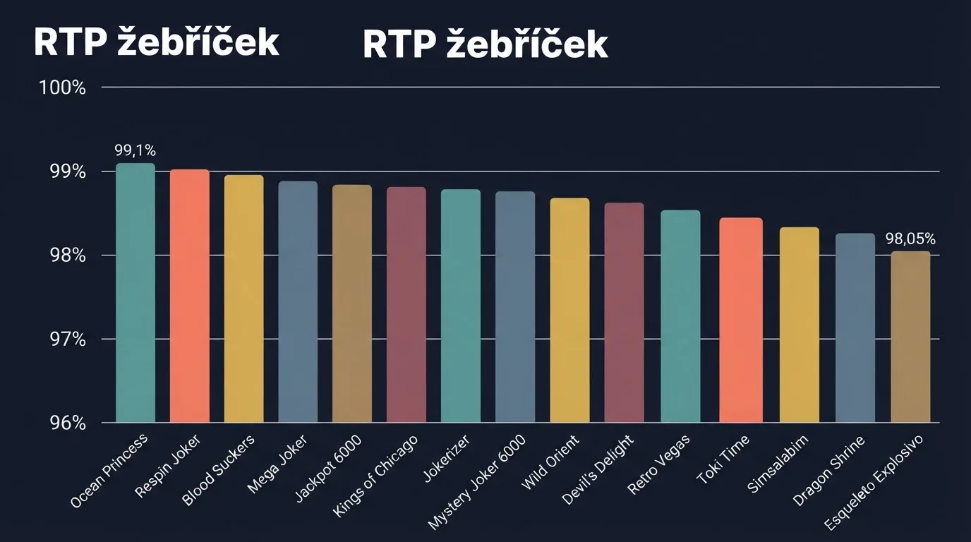 Srovnávací tabulka patnácti výherních automatů seřazených podle RTP — sloupce s názvem hry, poskytovatelem, procentem návratnosti a volatilitou
