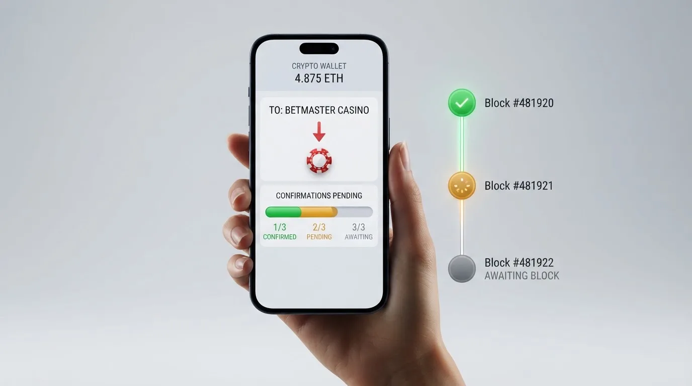 Rozhraní bitcoinové peněženky ukazující odeslání BTC na adresu casina, vedle časová osa potvrzení na blockchainu