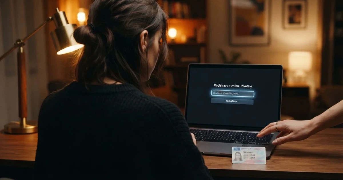 Hráč zadává promo kód do registračního formuláře online casina na notebooku, vedle leží občanský průkaz.