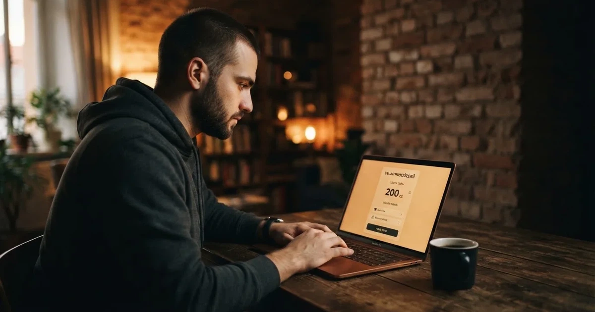 Hráč u notebooku vybírá výši vkladu v online casinu, na obrazovce částka 200 Kč