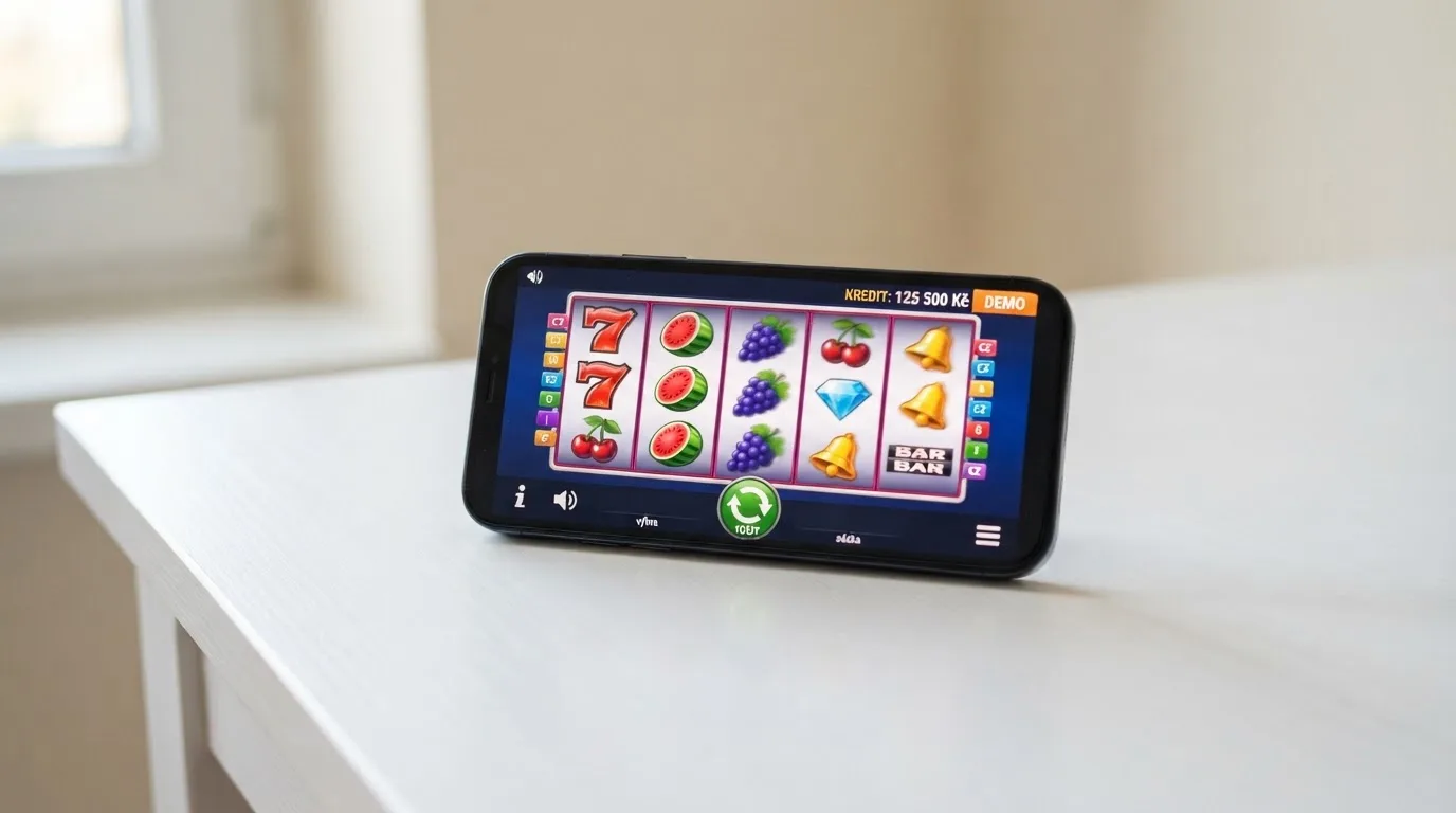 Rozhraní online automatu v demo režimu — v rohu obrazovky je zobrazen zůstatek fiktivních mincí, chybí tlačítko pro vklad a výběr reálných peněz