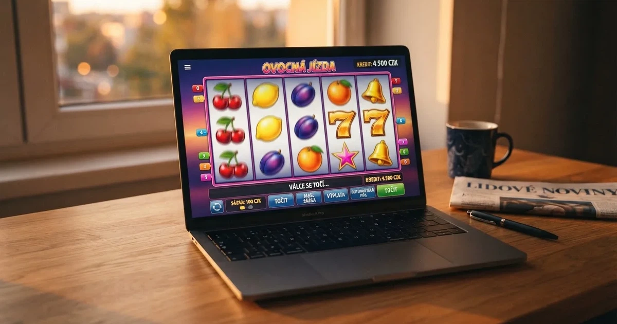 Rozhraní demo režimu online automatu s virtuálními kredity na obrazovce notebooku