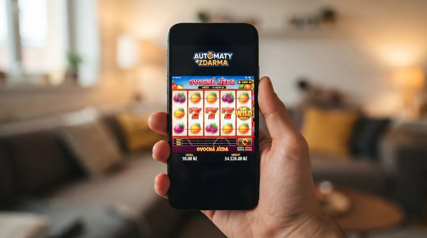 Dlaň držící mobilní telefon s otevřeným online casinem v prohlížeči — na displeji běží výherní automat v demo režimu, v pozadí ikony Google Play a App Store.