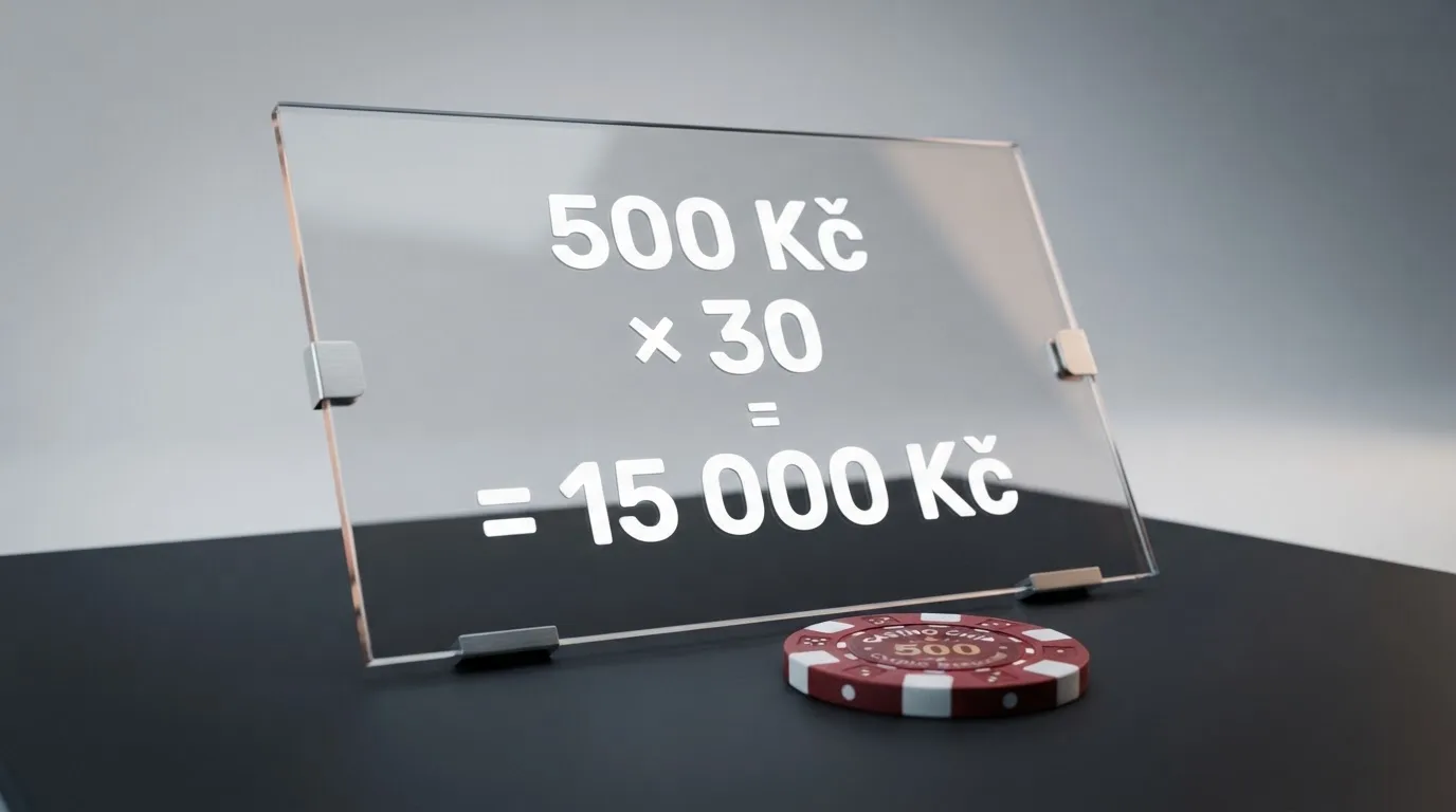 Schéma výpočtu protočení: výhra × násobek = požadovaný obrat v korunách, s příkladem 500 Kč × 30 = 15 000 Kč
