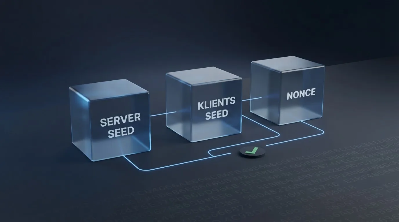 Schéma provably fair mechanismu — server seed, client seed, hash před sázkou, nonce a výsledek hry, který si hráč sám přepočítá