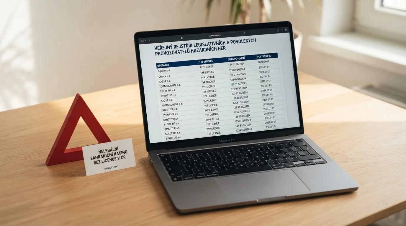 Obrazovka s veřejným registrem Ministerstva financí ČR — vedle ní výstražný trojúhelník a vizitka zahraničního casina bez licence