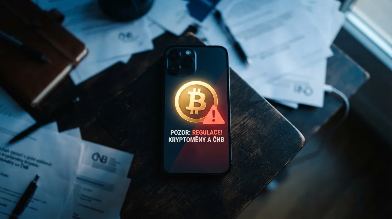 Kontrast mezi logem MF ČR a symbolem bitcoinu s varovným vykřičníkem — ilustrace střetu české regulace a offshore krypto hazardu