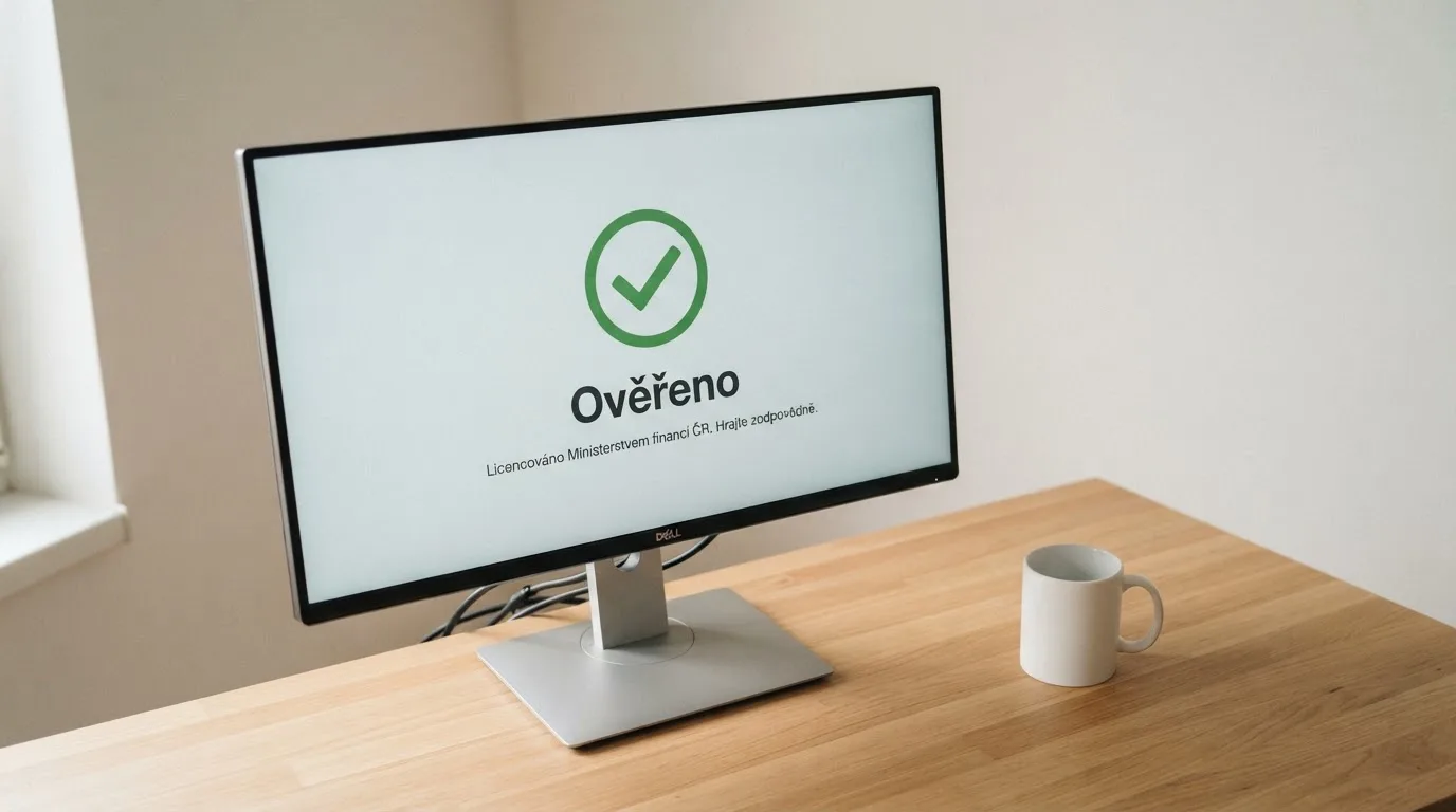 Úřední dokument s razítkem Ministerstva financí ČR a logem licencovaného casina na obrazovce monitoru