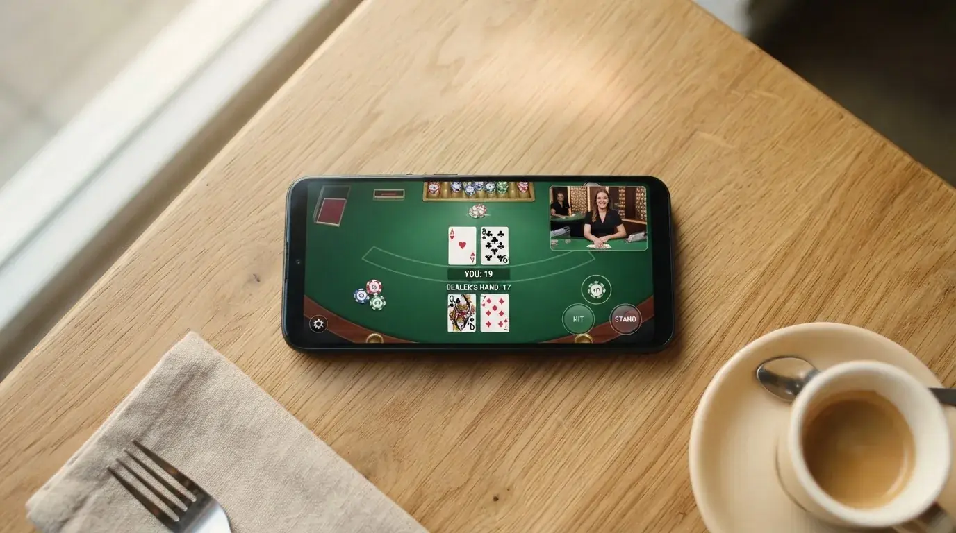 Mobilní telefon zobrazující rozhraní live blackjacku — karty na dotykové obrazovce, stream videa krupiéra v horní části