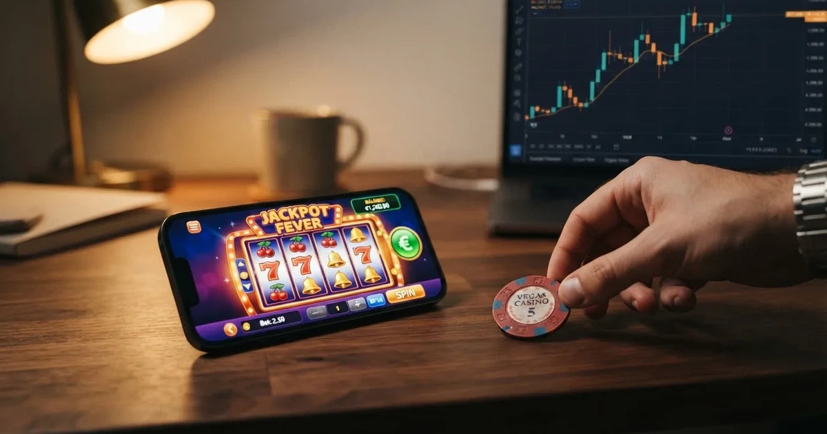 Rozhraní krypto kasina s bitcoinovou peněženkou, hracím automatem a grafem kurzu kryptoměn na pozadí