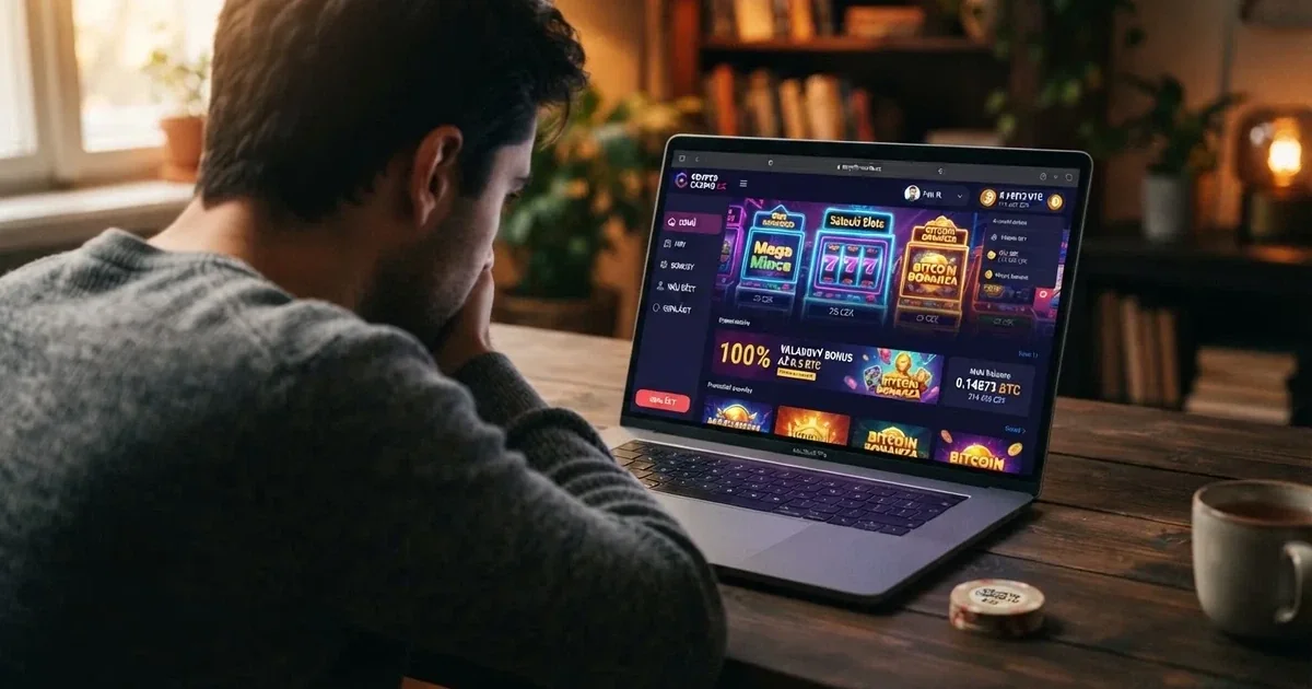 Rozhraní krypto kasina s kryptoměnovou peněženkou, herním lobby a ukazatelem zůstatku v bitcoinech
