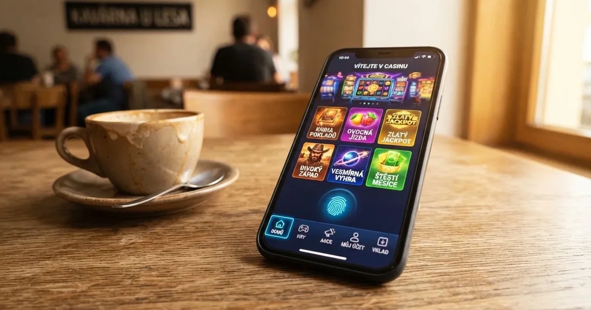Mobilní telefon s otevřenou casino aplikací, na displeji automaty a menu s biometrickým přihlášením