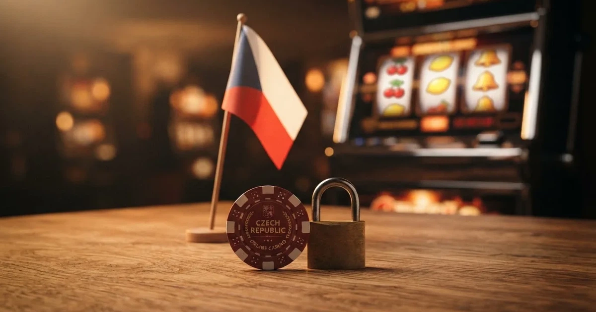 Výběr prvků důvěryhodného online casina — symbol licence, zámek, česká vlajka, hrací automat na pozadí