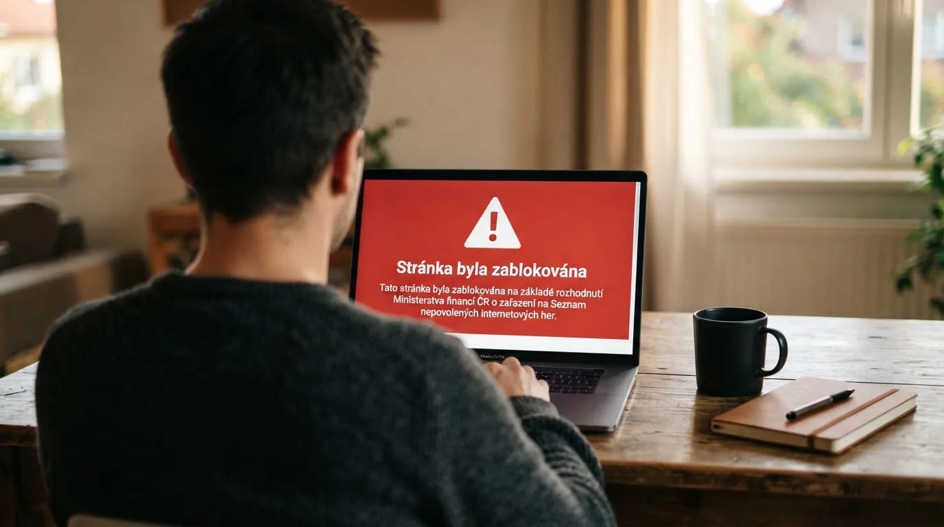 Dokument s razítkem Ministerstva financí ČR a varovným symbolem nad logem offshore kasina