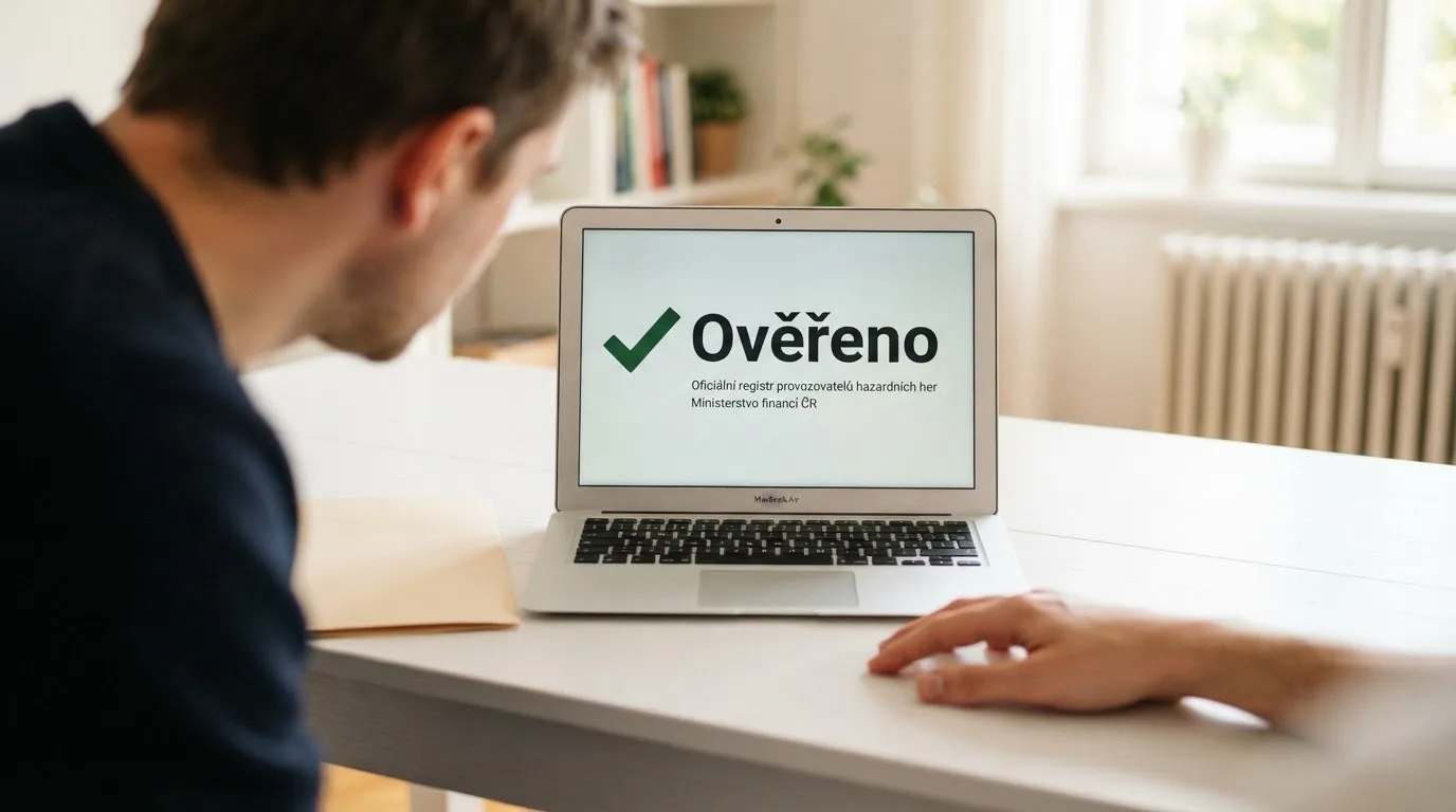 Úřední razítko Ministerstva financí ČR vedle obrazovky s logem online casina a nápisem „Ověřeno“