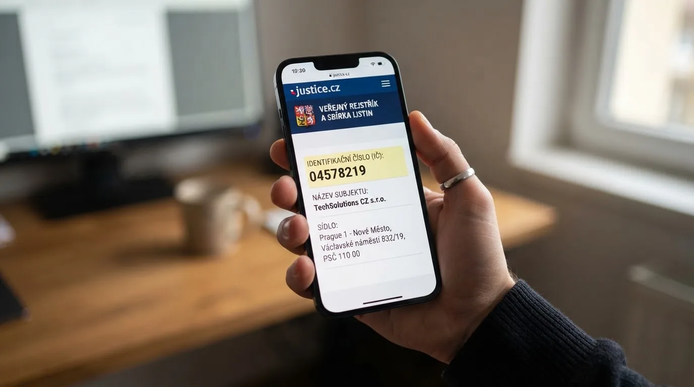 Obrazovka telefonu s webovou stránkou registru MF ČR, na které je zvýrazněné IČO a doména .cz provozovatele