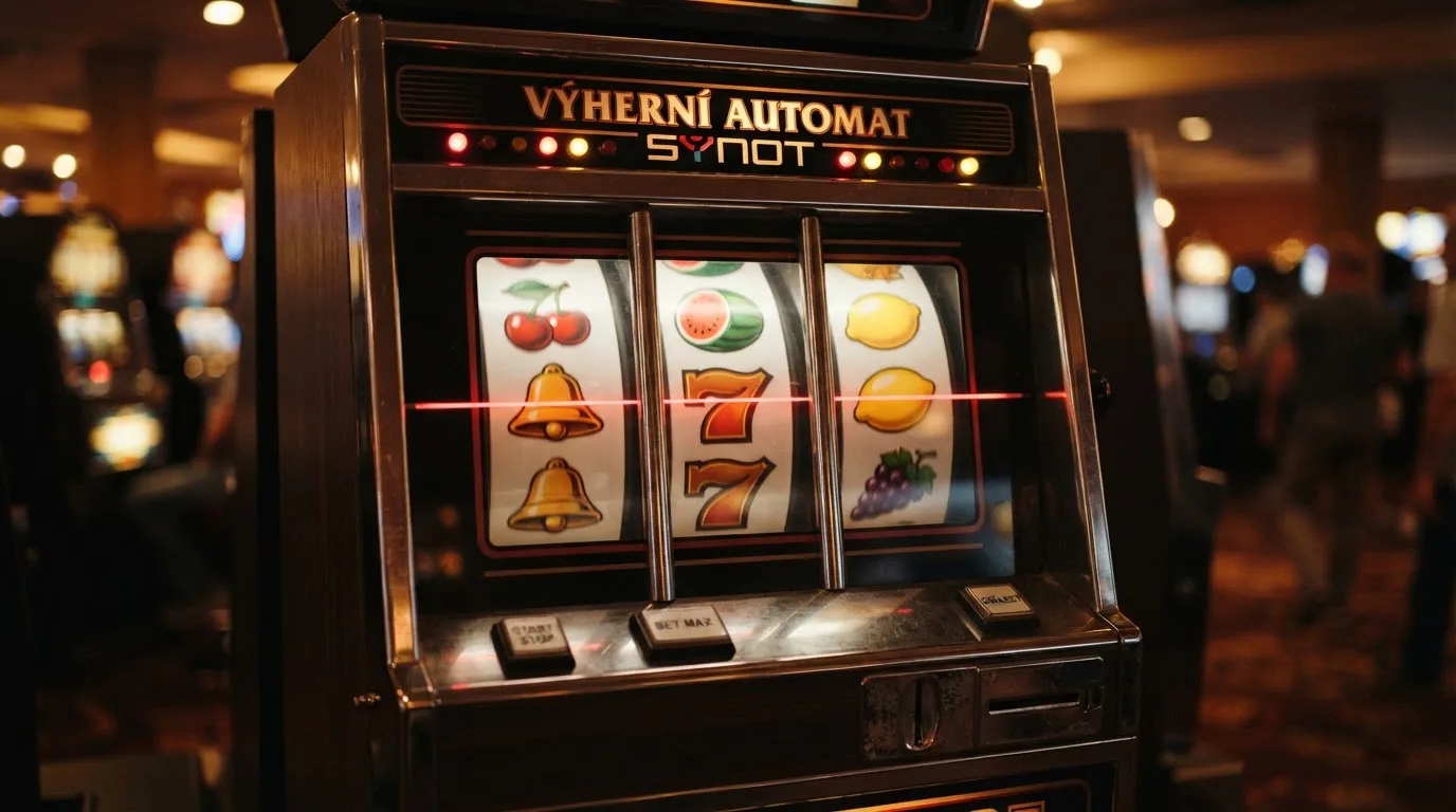Klasický ovocný hrací automat s třešněmi, citrony a symbolem sedmičky na třech válcích