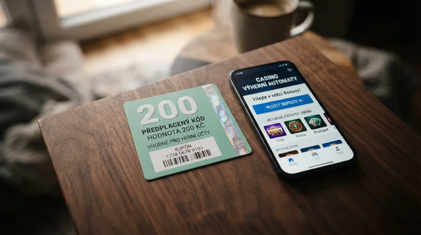 Paysafecard voucher v hodnotě 200 Kč vedle mobilního telefonu s otevřenou stránkou kasina
