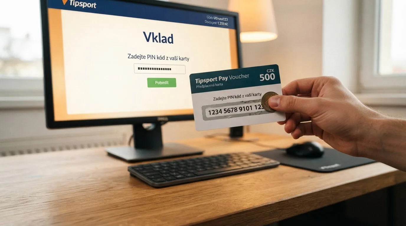 Paysafecard voucher s viditelným PIN kódem v ruce hráče před monitorem s pokladnou online kasina