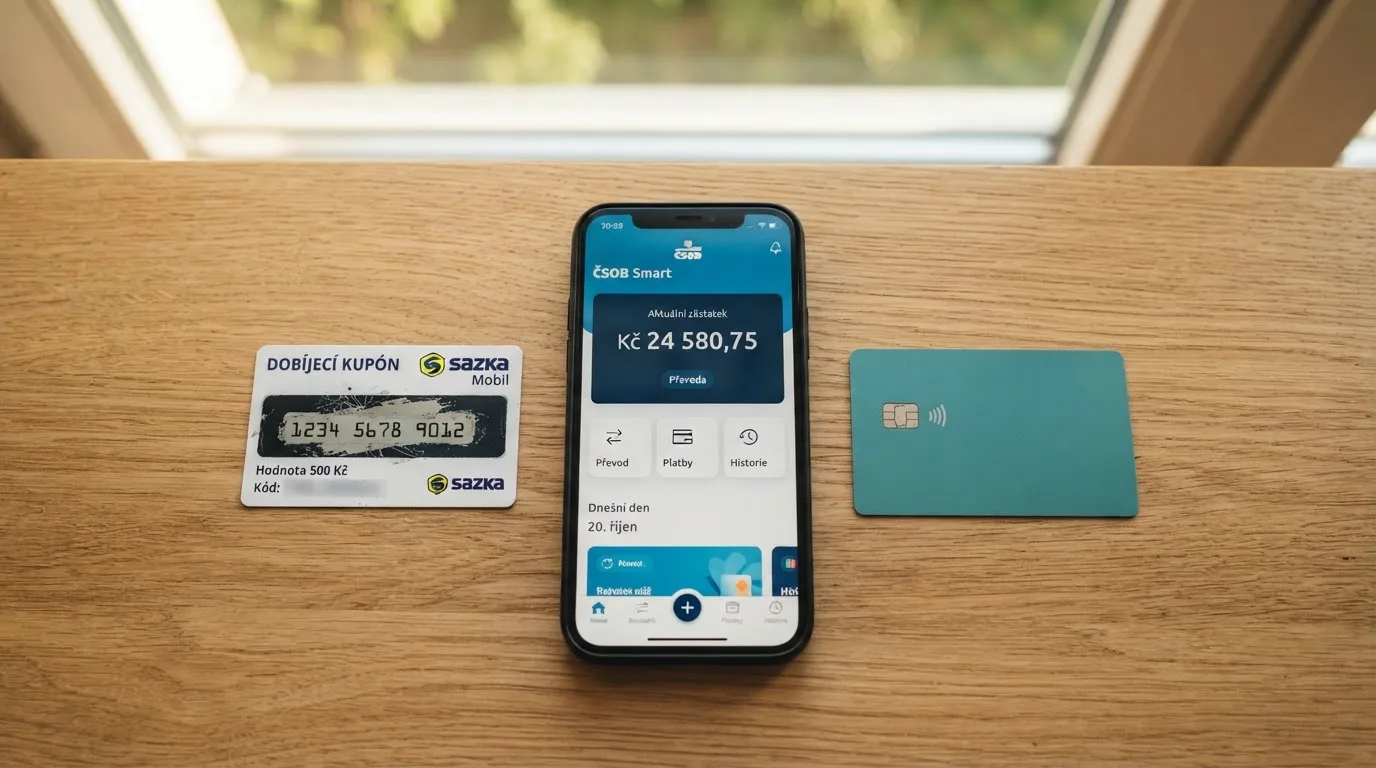 Mobilní telefon s otevřenou aplikací internetového bankovnictví vedle Paysafecard voucheru a platební karty Skrill