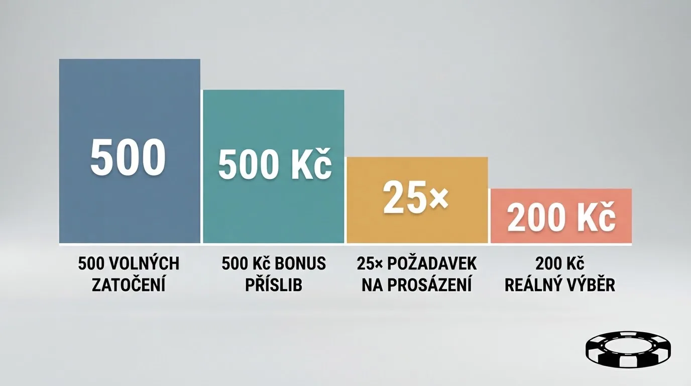 Infografika rozkládající hodnotu registračních otoček: kolik slibuje reklama, kolik ukousne protočení, kolik omezí maximální výběr a co zbyde hráči