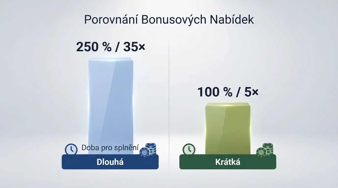 Infografika srovnávající dvě bonusové nabídky — vysoký bonus s 35× wageringem vedle nižšího bonusu s 5× protočením