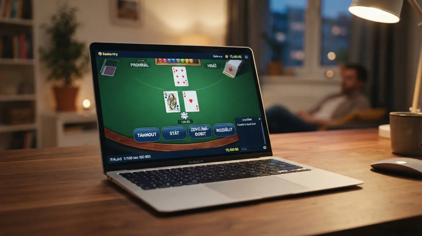 Herní rozhraní live blackjacku s kartami hráče a krupiéra, tlačítky hit/stand/double/split a ukazatelem sázky