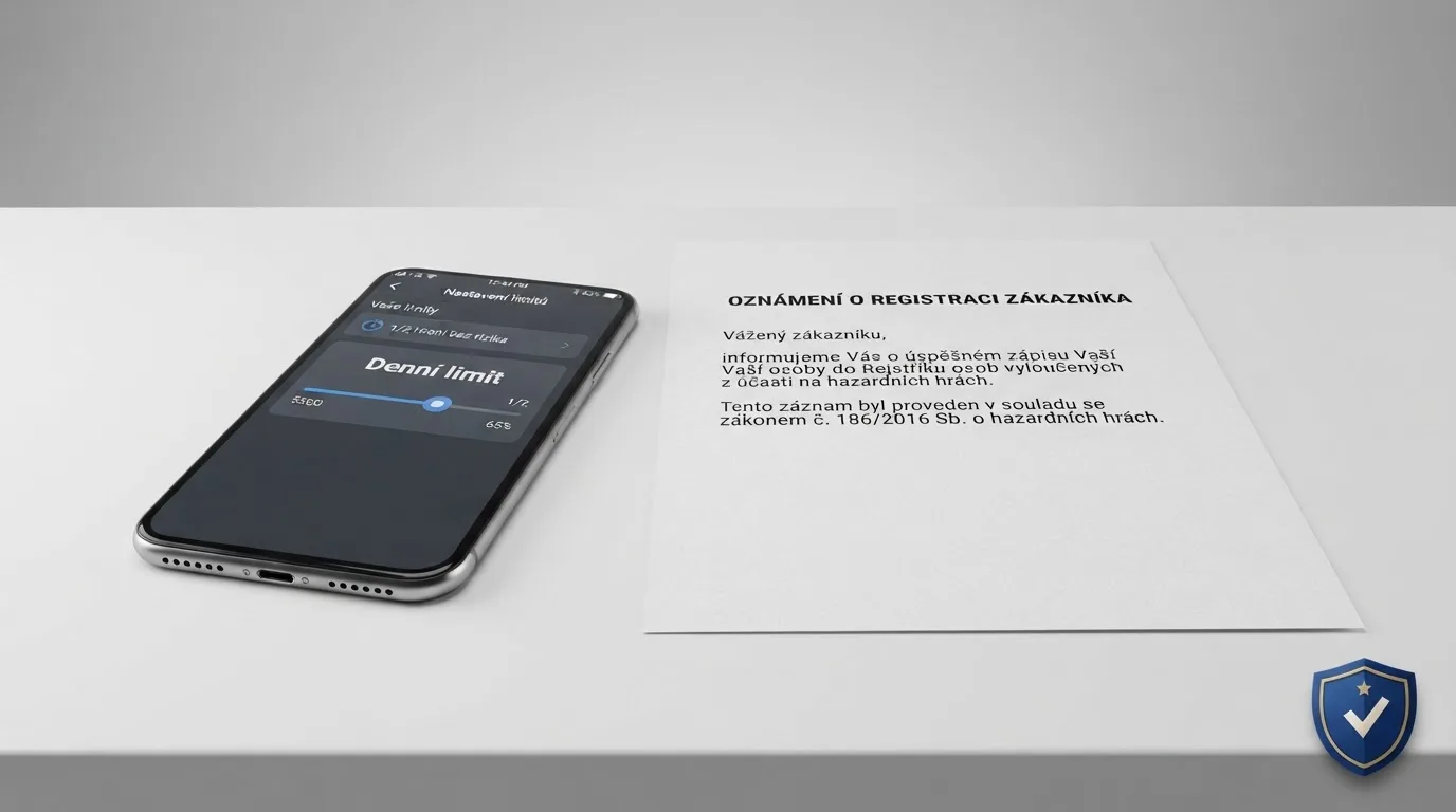 Mobilní telefon vedle výpisu z Rejstříku vyloučených osob a ikony sebeomezujících opatření