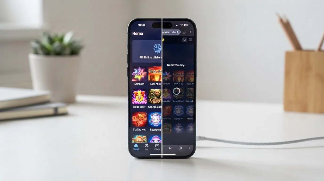 Displej telefonu rozdělený na dvě poloviny — vlevo casino aplikace s biometrickým přihlášením, vpravo mobilní web v prohlížeči s automaticky načtenou herní lobby