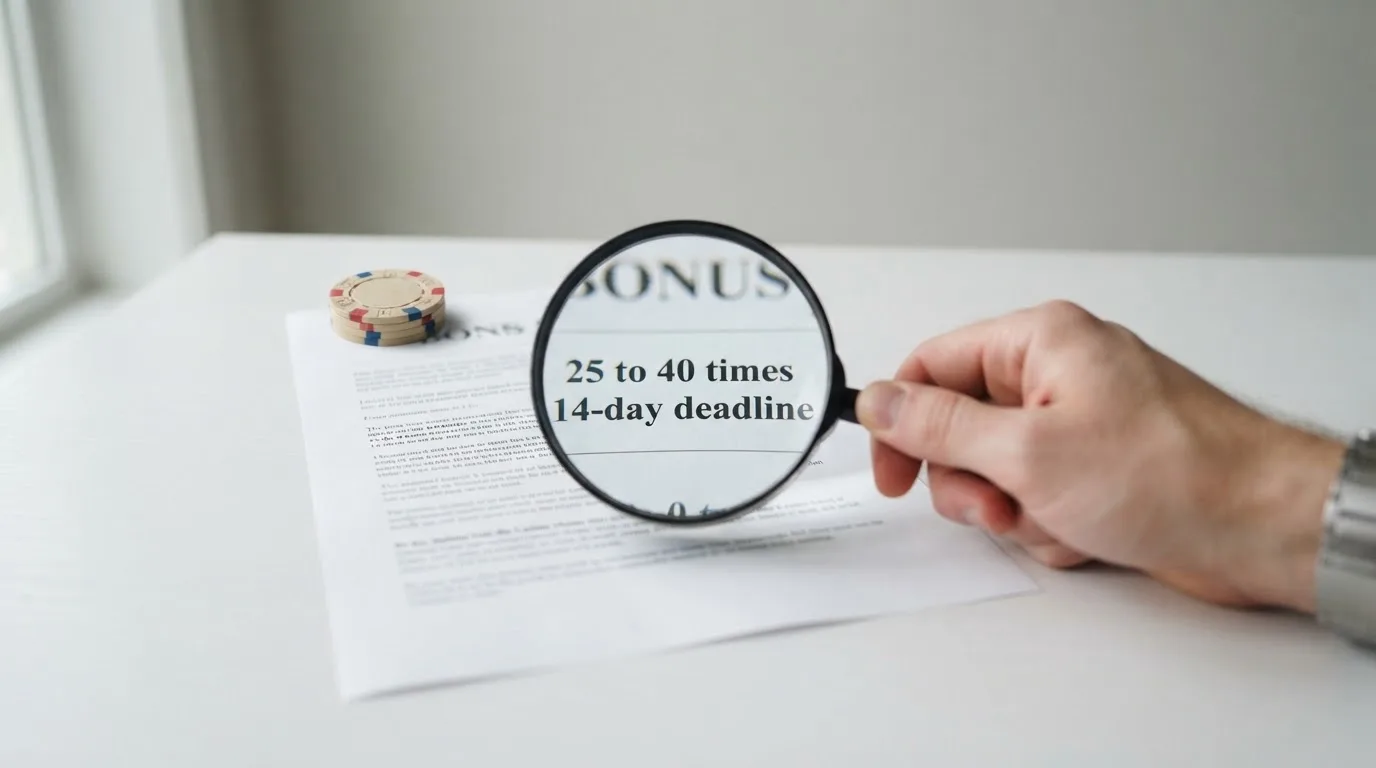 Lupa nad bonusovými podmínkami: velké číslo bonusu, pod ním drobným písmem protočení 25–40×, lhůta 14 dní, maximální sázka při protočení