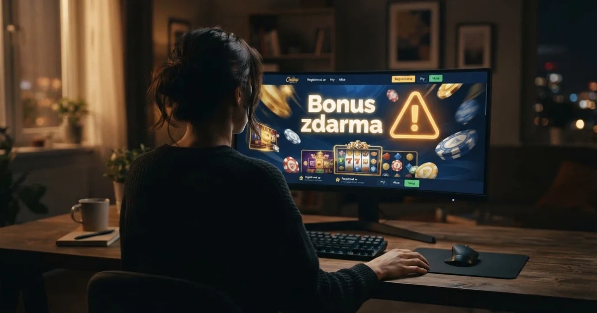 Český hráč u počítače prohlíží nabídku zahraničního online casina s bonusem bez vkladu, na obrazovce nápis „Bonus zdarma“ a varovný symbol