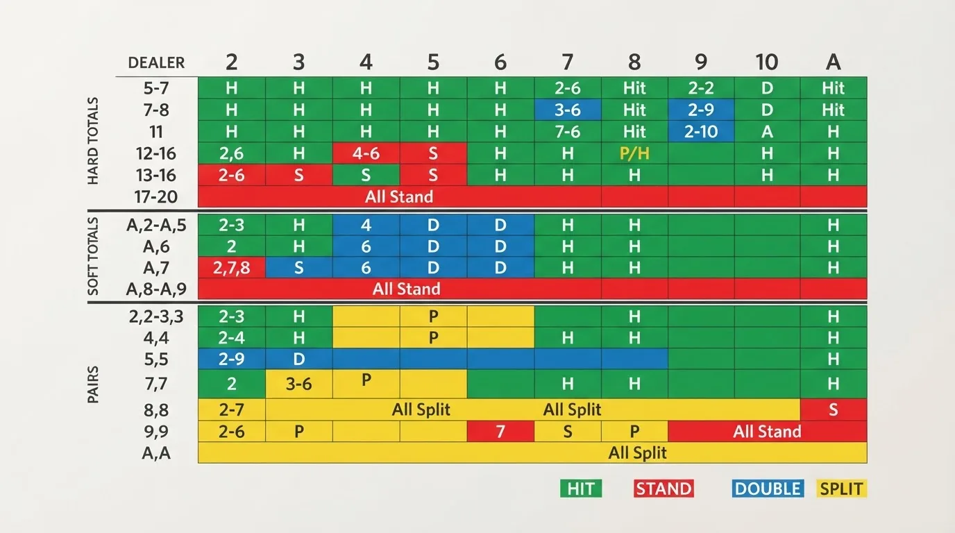 Tabulka základní strategie pro blackjack — řádky podle součtu hráče, sloupce podle karty krupiéra, barevně odlišená pole hit/stand/double/split